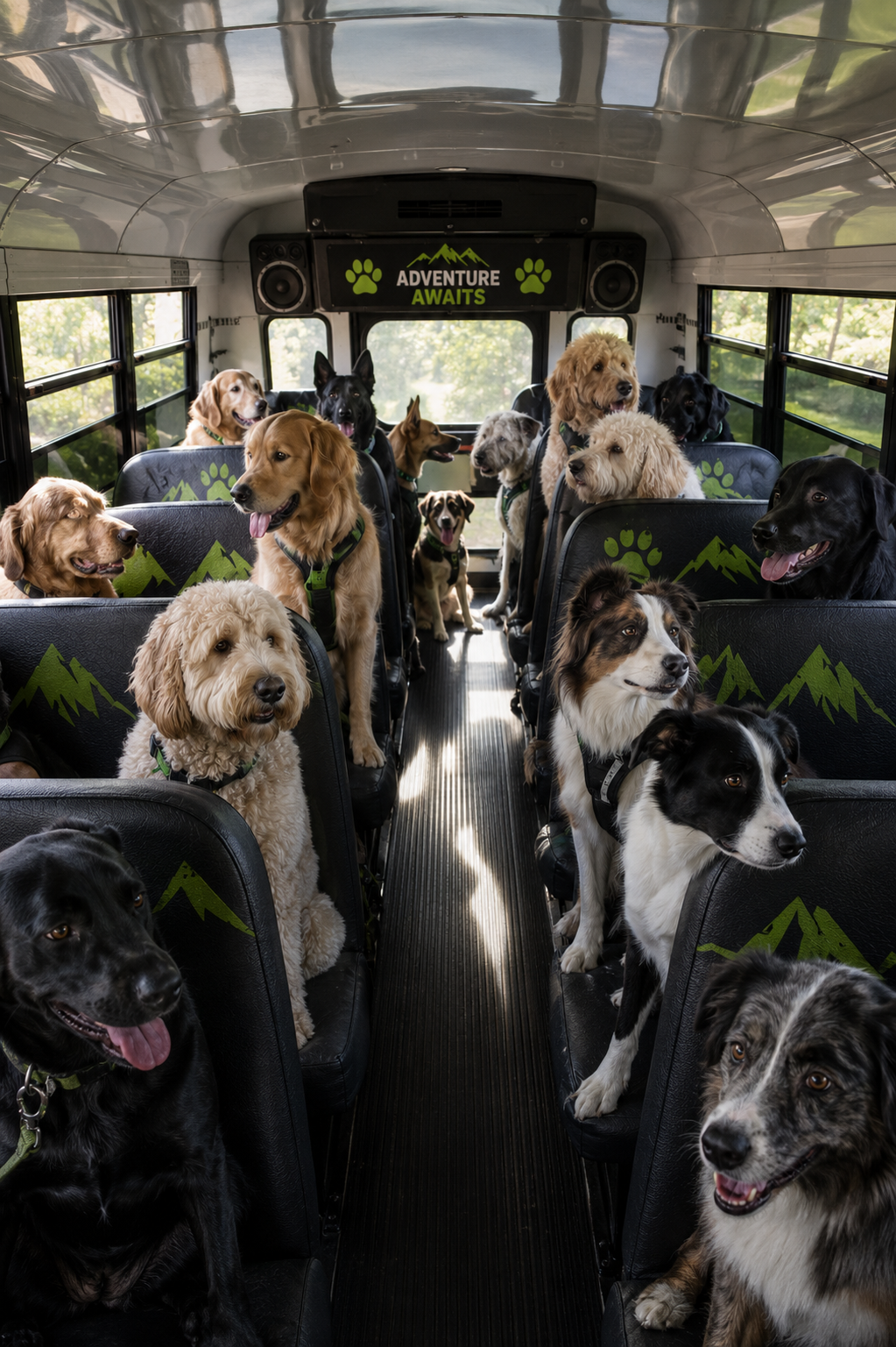 Happy dogs riding together inside the Dog Adventure Business bus