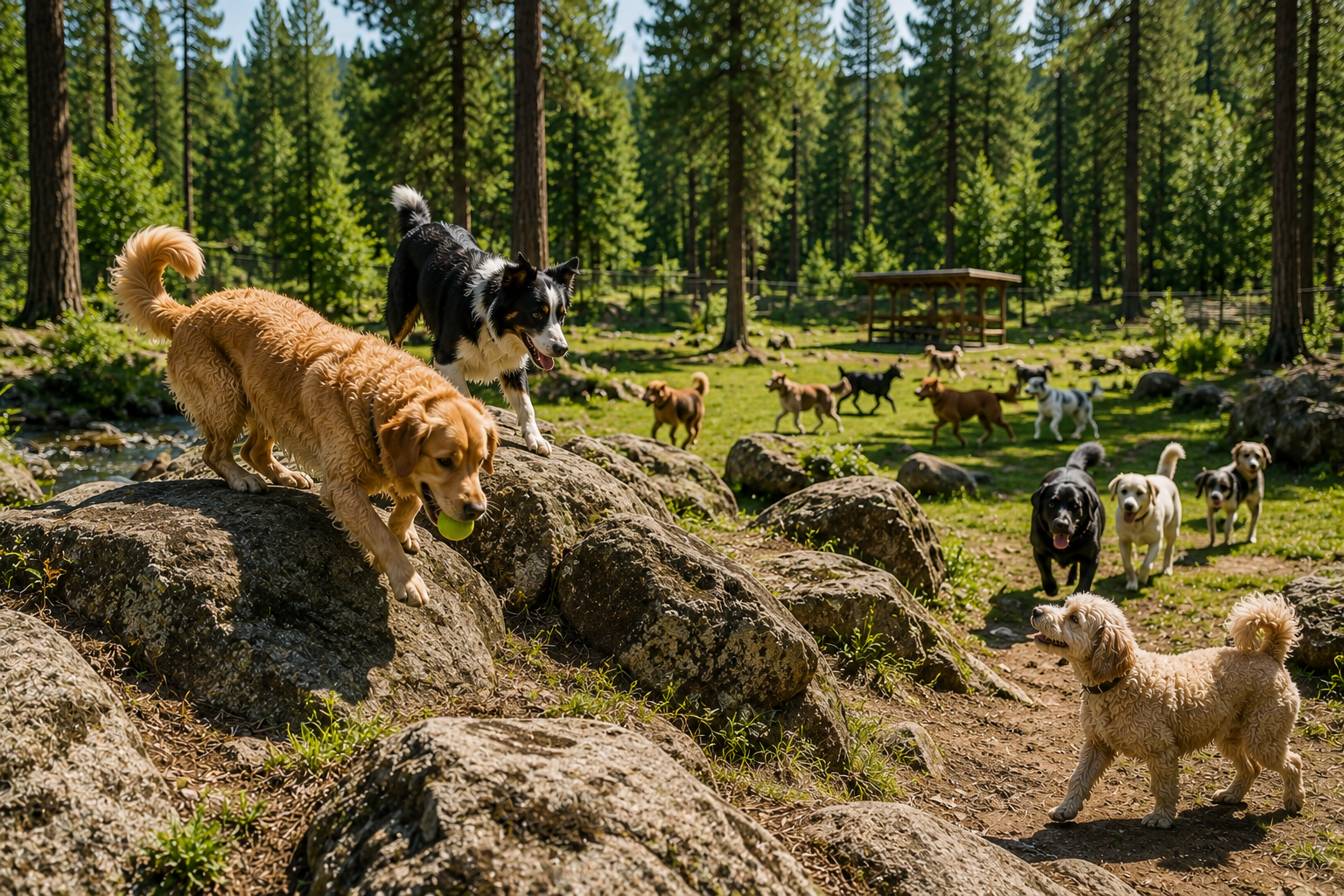 Happy dogs running together during an outdoor dog adventure