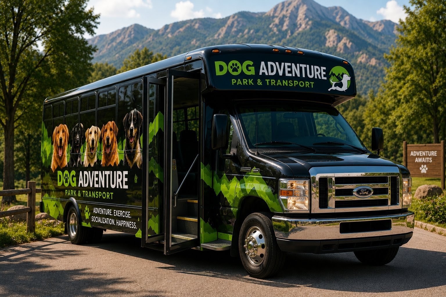 Branded Dog Adventure Business bus at sunrise